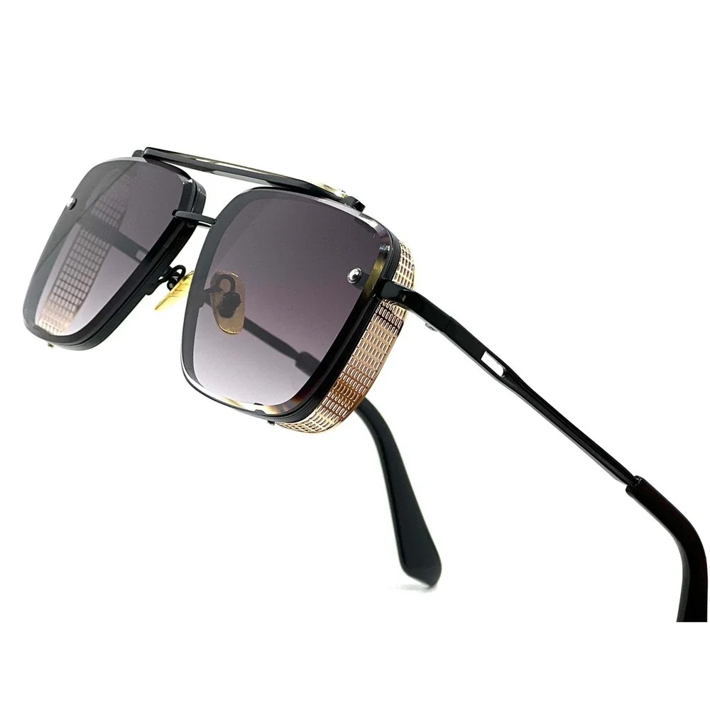 Aviator Sunglasses Men Rectangular Frame Gold‎ Accent Black Shades Classic Retro